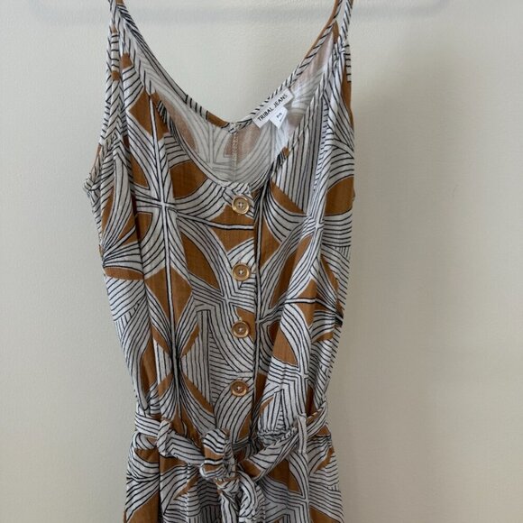 Tribal Tan & White Aspen Button-Front Tie-Waist Wide-Leg Jumpsuit - Picture 3 of 9
